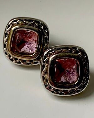 Balinese Style Chunky Pink Gemstone Studs - Faux Amethyst, Silver & Gold Tone